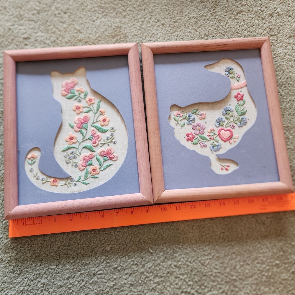 Cat and Duck Framed Floral Embroidery Wall Art